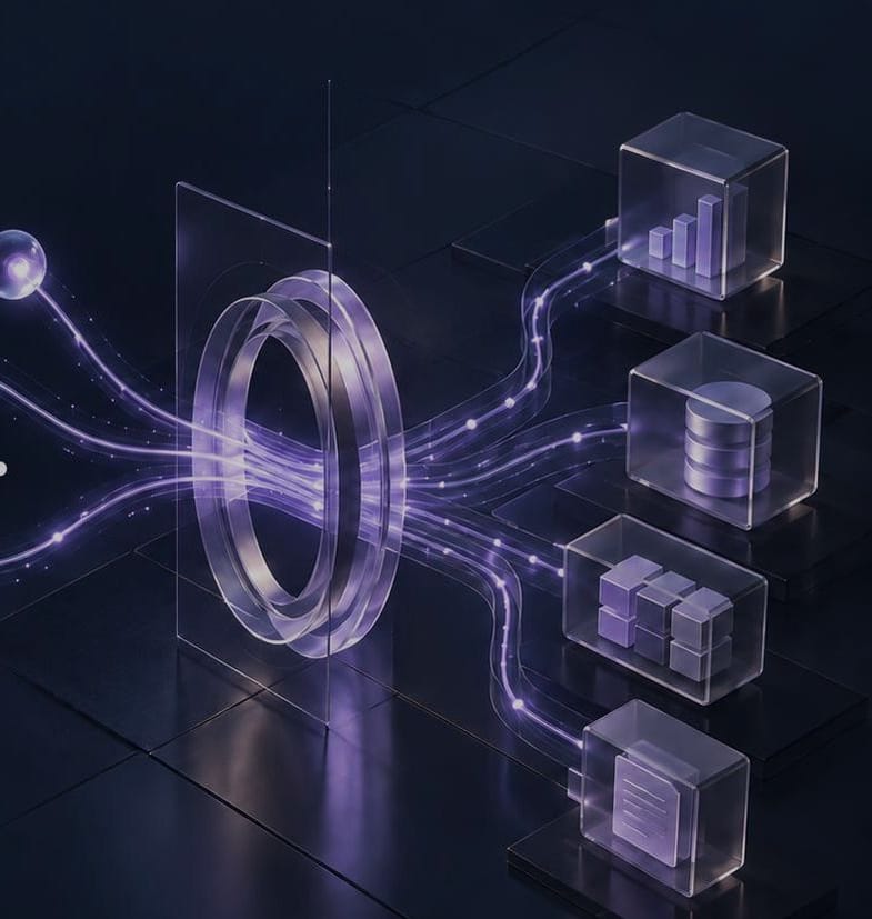 Datenströme laufen durch einen leuchtenden Ring und verteilen sich auf vier Systeme: Auswertung, Datenbank, Bausteine, Dokumente